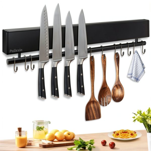 Magnetic Knife Holder 17" Black with 10 Hooks by Pailexin No-Drill-0