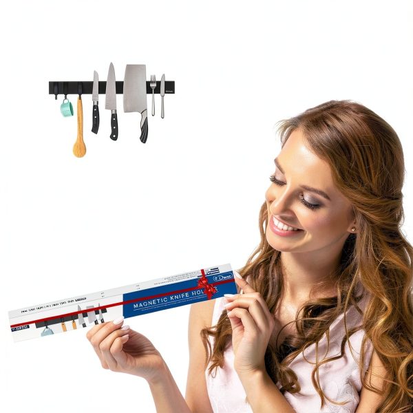 magnetic knife holder Dmore 16 Inch Black Mount with 3 Hooks Drilling-5