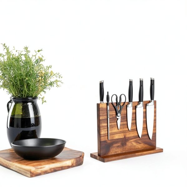 Wooden Magnetic Knife Holder Dual Stand by YelloIris Acacia Wood 12x9-1